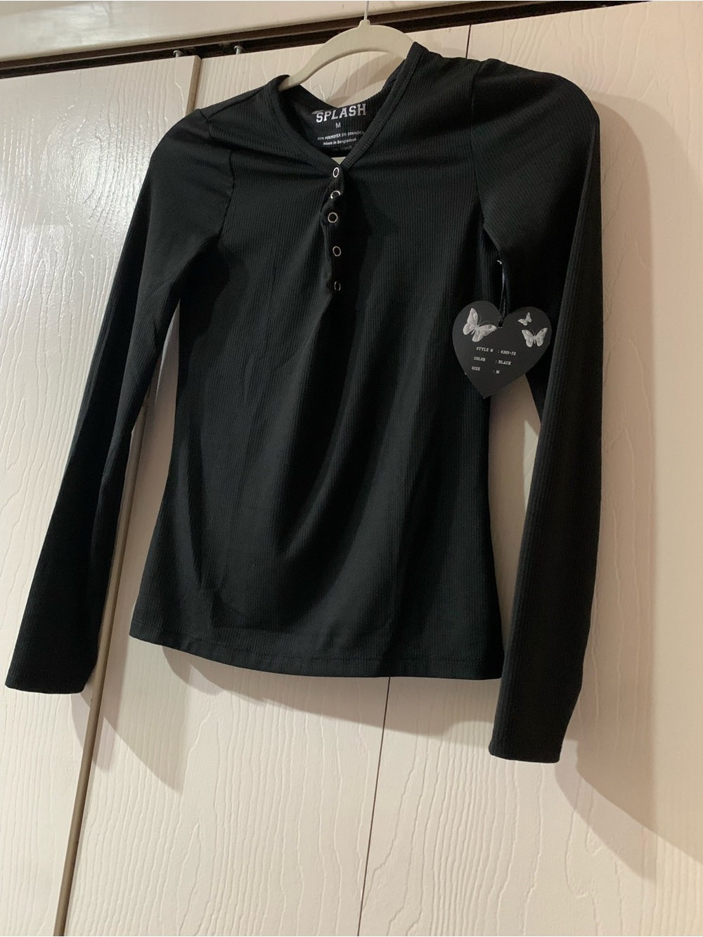 Splash Black Ribbed Henley Long Sleeve Top